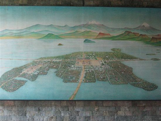 Mexiko City, bevor es von den Spaniern erobert wurde. Die Stadt war auf Inseln gebaut. Heute gibt es den See praktisch nicht mehr; es ist alles überbaut.