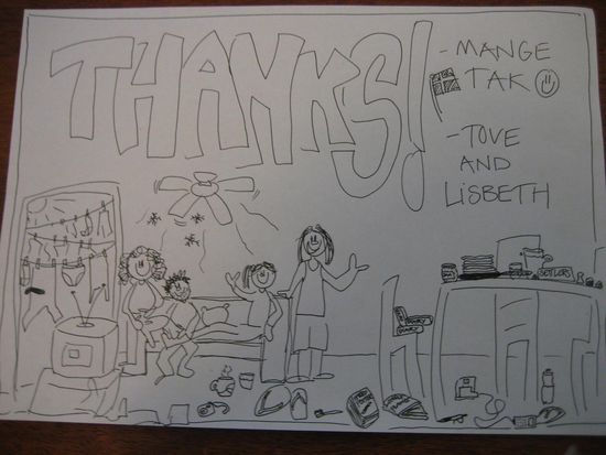 Karikatur von uns Touris in Brendans Wohnung. Gezeichnet von Lisbeth.