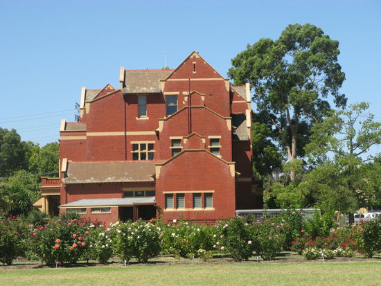 Bluehende Rosenbaeume vor einem sehenswerten aelteren Gebaeude.
