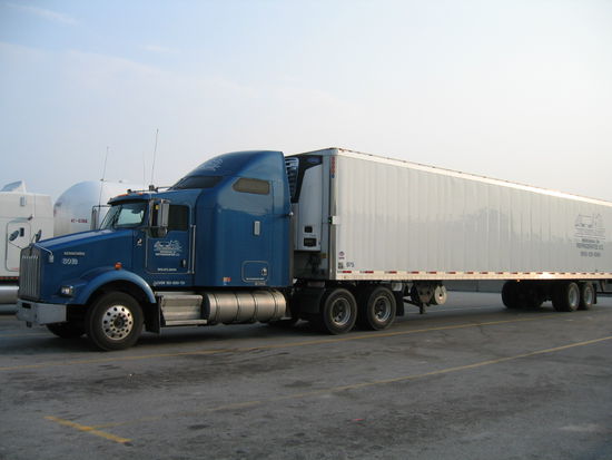 Der ganze Zug in seiner vollen Laenge. Eine Kuhlwagen, der Kaninchenfleisch von Montreal nach Toronto, zweimal die Woche bringt.