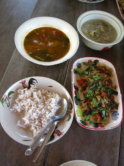 Tom Yum Gong Soup (links oben), Green Curry (rechts oben), Chicken mit Holy Basil (rechts unten) und Reis ...