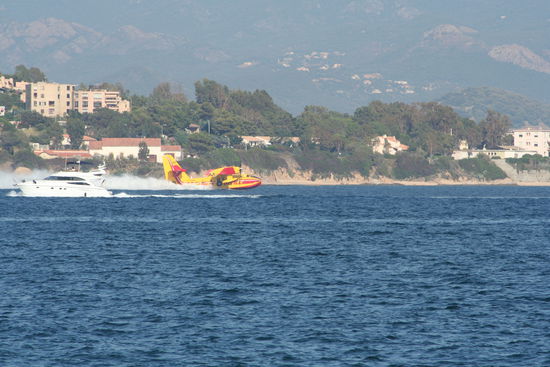 Löschflugzeug am Wasser tanken