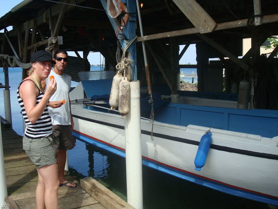 Urs und Jeanine staerken sich vor der Fahrt noch mit frischen Papayas und bestaunen den "Cadillac" von Desmond.