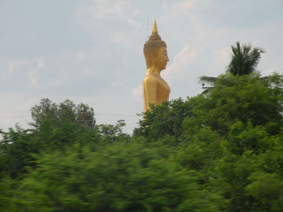 Solche Riesenbuddhas konnten wir waehrend der Zugfahrt immer wieder bestaunen.