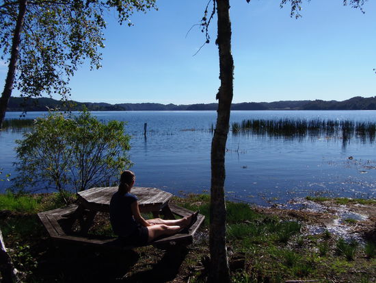Wir machen eine Picknickpause an einem See