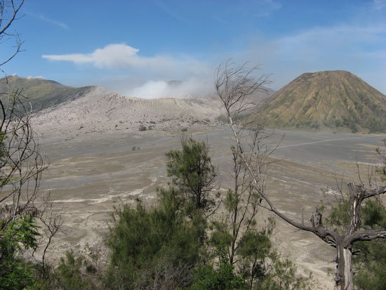 Unser erster Blick auf Mt. Bromo (links) und Mt. Batok (rechts)