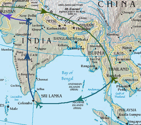 Muenchen (D) - Bangkok (Thailand) - Colombo (Sri Lanka) - Delhi (Indien) - Muenchen (D)
