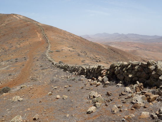 Und von dort weiter, entlang einer Steinmauer, auf den Tegu. Links siehst Du nach Betancuria und rechts in die Ebene nach Antigua. Und die Berge haben alle andere schwarz-braun-rot-beige Töne. Die Sonne brennt, kein Schatten, der Wind weht... unbeschreiblich extrem. Kein Mensch oder Tier weit und breit.