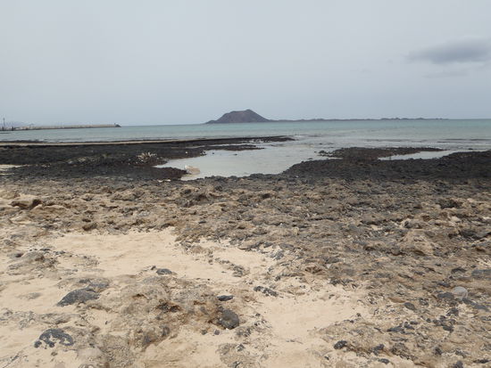 Strand von Corralejo - hat auch sehr schöne feine Sandstrände - mit Lobos im Hintergrund.