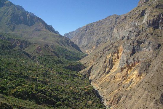 Der Canyon, unten fliesst der Rio Colca.