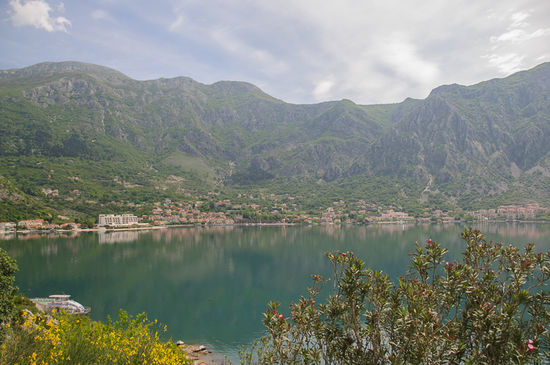 Blick auf Risan, links der weisse "Xotel" Komplex