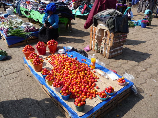 Obst fein abgepackt in Eimern da viele Indios nicht lesen,schreiben und rechnen können.