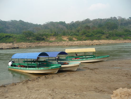 Vorne liegt unser Boot am Ufer von Yaxchilan und im Hintergrund das andere Ufer bereits in Guatemala