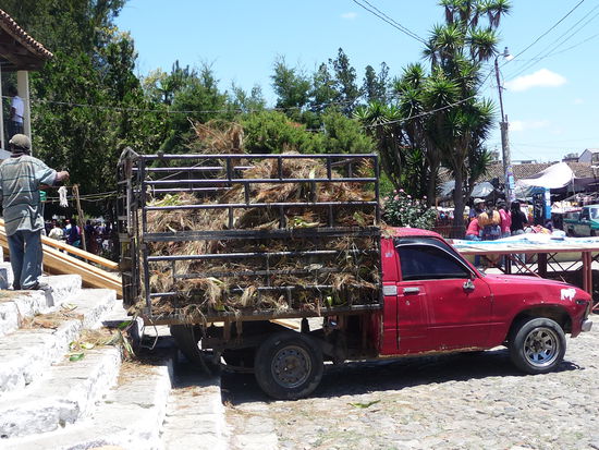 Abtransport des Grases vor der Kirche