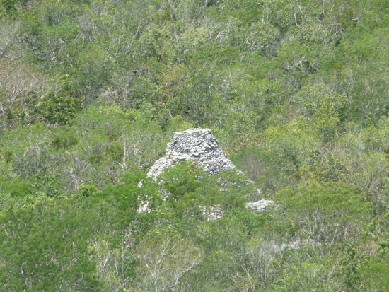 Blick von der Nohoch Mul Pyramide auf ein anders Bauwerk in Coba