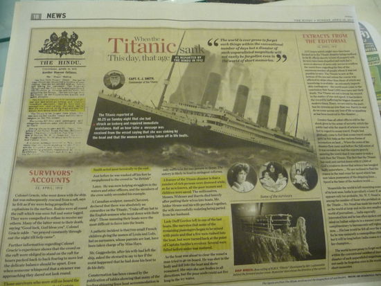 In vielen indischen Zeitungen wird an den Untergang der Titanic vor 100 Jahren im April 1912 erinnert.