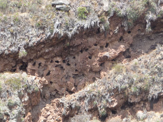 Alte Gräber der Inkas an den Berghängen in Pisaq