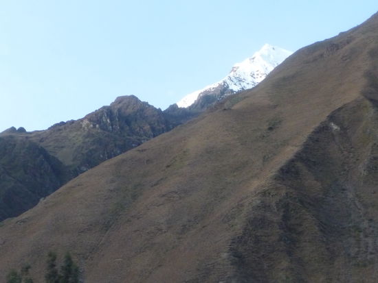 Blick aus dem Zug auf Schnee bedeckte Berge