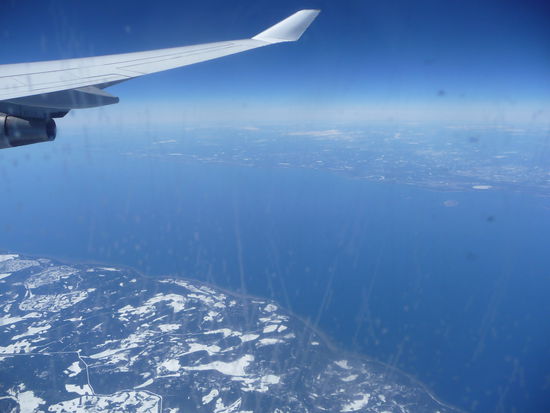 Flug mit einer Boeing 747 der Lufthansa über der Hudson Bay in Kanada mit Ziel Mexiko City - Es herrscht hier noch tiefster Winter !!