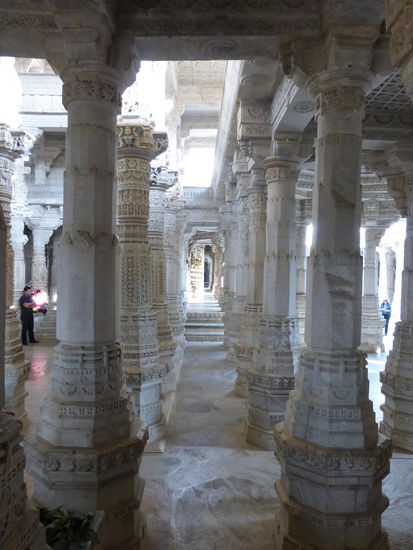 Einige  der 1444 reich verzierten Marmorsäulen im Jain Tempel