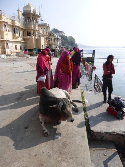Frauen versammeln sich am Gangaur Ghat in Udaipur