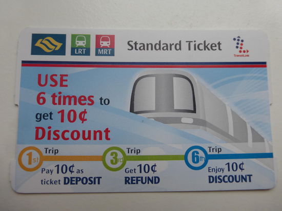 Ticket für die U Bahn ( MRT ) 6 Fahrten für 10 SGD = 5,80 Euro