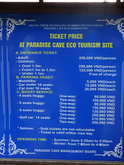 Ticket Preise für die Paradieshöhle die bei mir aber schon im Preis inkls. waren