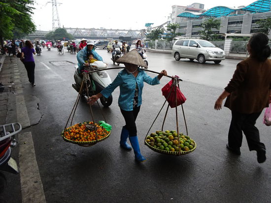 Typische vietnamesische Obsthändlerin in den Straßen von Hanoi