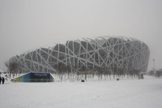 Das imposante "Bird's Nest" im Schneetreiben