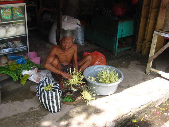Ein alter Balinese am kleine Koerbe flechten fuer die Tempel