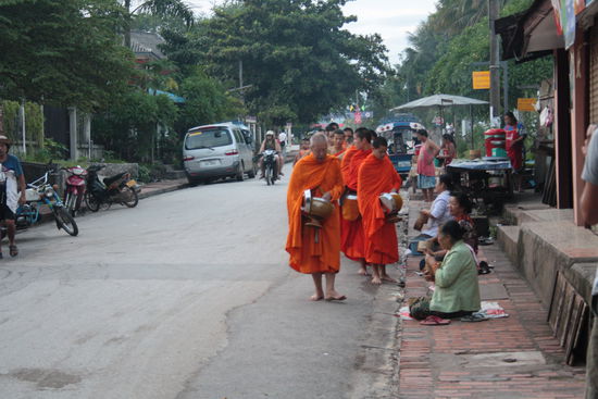 Die Mönche auf ihrem allmorgentlichen Rundgang durch Luangprabang  um Almosen von den Einheimischen zu empfangen.