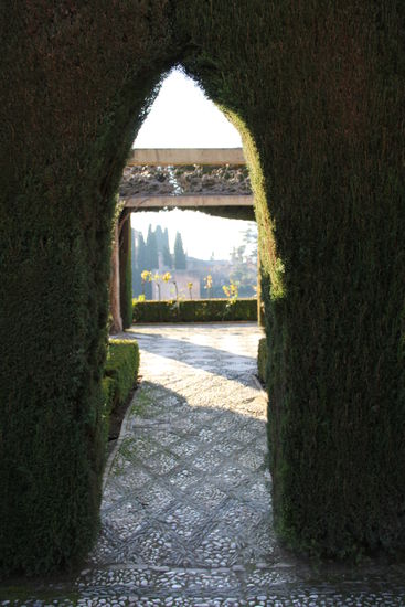 Die Wege wurden mit der traditionellen granadischen Steinpflästerung versehen, eine Art Mosaik aus kleinen Kieselsteinen...