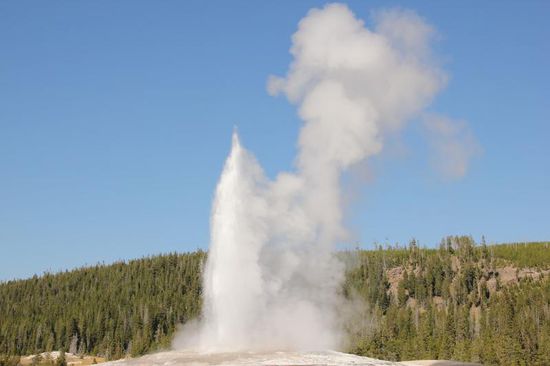 Der "Old Faithful Geyser...; bis 40 m hoch kann die Wasserfontäne werden...
