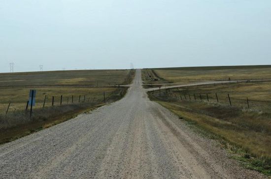Auf Gravelroads fahren wir duch die weite Prärie, hin und wieder eine Farm, weidende Kühe und die endlosen Weiten...