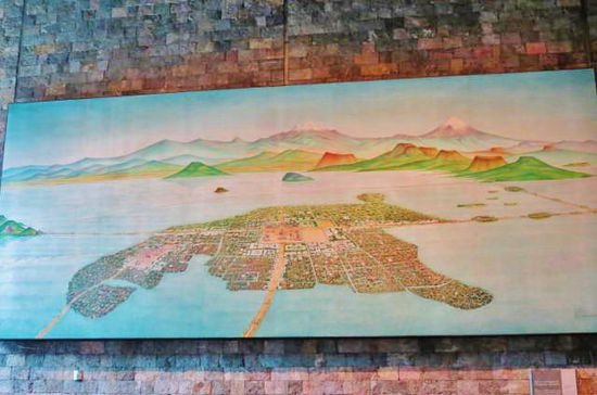 Die Stadt Tenochtitlan...; hier steht heute die Stadt Mexico City...