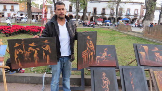 Zurück im Park - investieren wir etwas in Kunst! Wir kaufen diese 2 Bilder für unsern Patio...; der Maler aus der Umgebung stammt aus Erongaricuaro und heisst Victor Cortés Madrigal...
