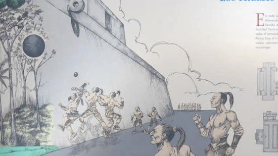 Szene eines Ballspiels...; der Kautschuckball durfte nur mit den Armen und Oberschenkeln berührt werden...