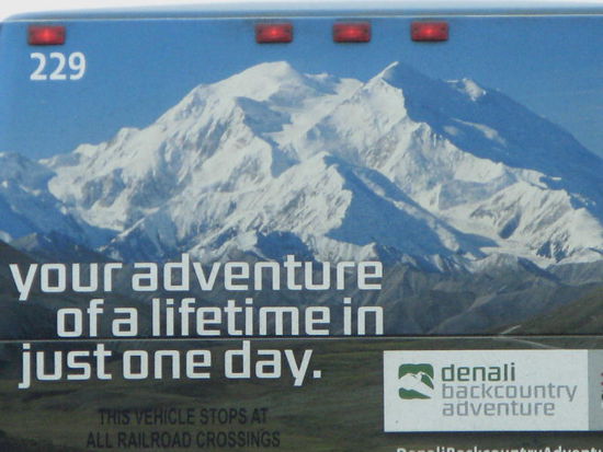 Und da ist der Mount Kinley - 6193 m hoch - leider nur von der Rückwand eines Autobusses - zumindest die Vorstellung ist gut...
Wir fahren nach Anchorage, geben Nelly und Toni unsere Position per SMS durch, waschen, haushalten...