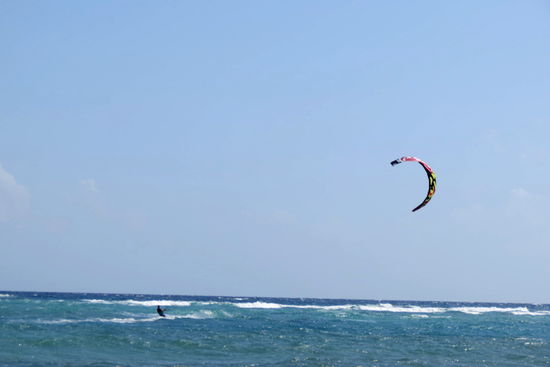 Und im Wasser tummeln sich die blitzschnellen Kitesurfer
