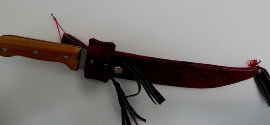 Anstelle eines Kunststoffgriffes ein Holzgriff sowie eine schön verzierte Lederscheide! - Mein Souvenir aus Honduras - eine Machete!