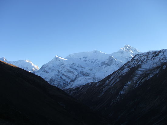 Hikking Ausblick, ich glaube es ist der Gangapurna; auf jeden Fall wieder recht zapfig - aber ein Hammergefühl 