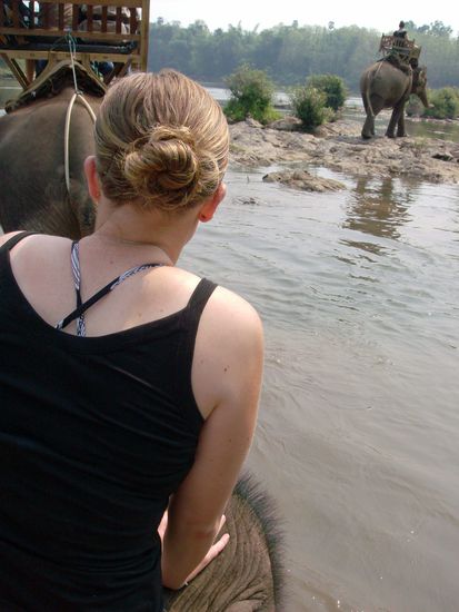 Trini sitzt vorne im Nacken des Elefanten