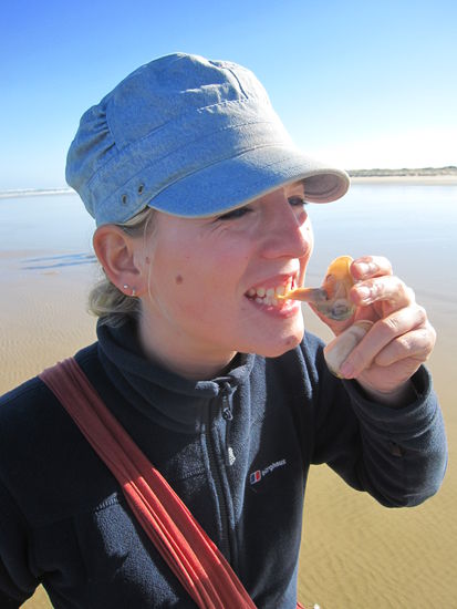 ich esse die Muscheln, die wir frisch aus dem Meer fischten