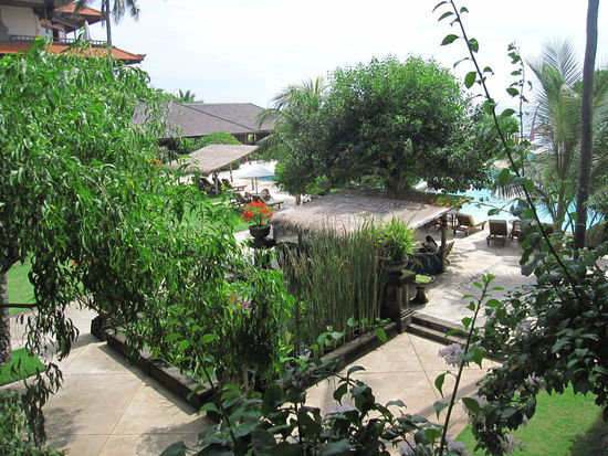 der Blick vom Balkon aus in den Garten mit Pool