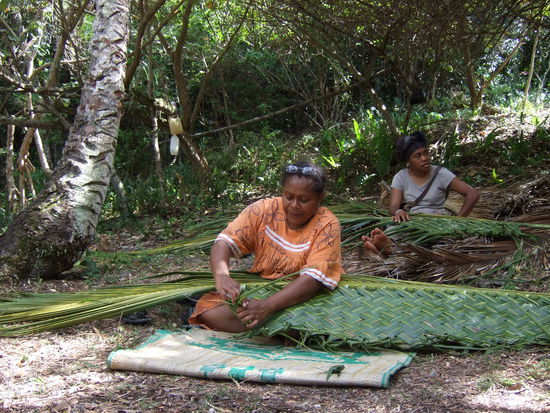 Es ist unglaublich was man aus Palmwedeln alles herstellen kann.
Hier flechten die Frauen die Blaetter zusammen.
Das wird spaeter die erste Lage des Daches sein.
Nebenher flechten sie noch Koerbe, Matten und noch einiges mehr daraus.