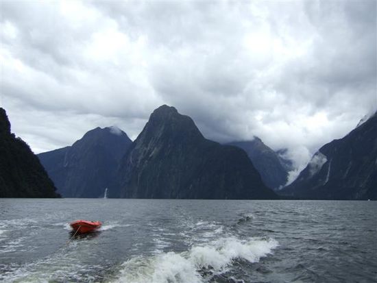 Milford-Sound im Regen, keine Schwirigkeit bei ueber 250! Regentagen im Jahr.
Das Photo habe ich vom Tauchboot aus geschossen. Das Tauchen im Fjord war an sich wieder ein grossartiges Erlebniss!
Allein darueber koennte ich eine Stunde erzaehlen.