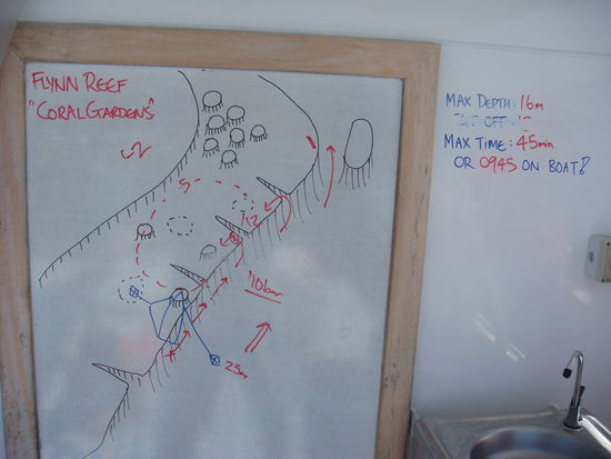 Unterwasserkarte beim Briefing:
blau = das Schiff und die Seile, welche zum Grund führen
schwarz: sind die Riffe
rot: sind Routen, welche man tauchen kann
weiß: ist alles Wasser