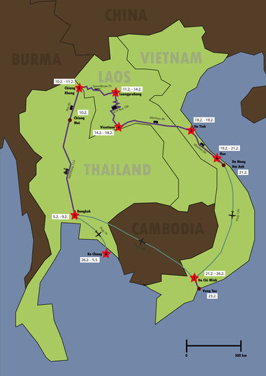 5.2. Ankunft in Bangkok
9.2. Nachtzug nach Chiang Mai
10.2. Bus nach Chiang Khong
11.2. Speedboat nach Luangphrabang
14.2. V.I.P. Bus nach Vientiane
18.2. MiniVan nach Ha Tinh
19.2 MiniVan nach Hue
21.2. MiniVan nach DaNang,HoiAn und Flug nach HoChiMinh
26.2. Flug nach Bangkok und Koh Chang
5.3. Abreise nach Hause