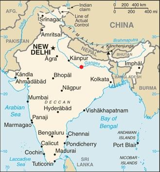 Lage von Varanasi, auch bekannt unter Benares (siehe roter Punkt)