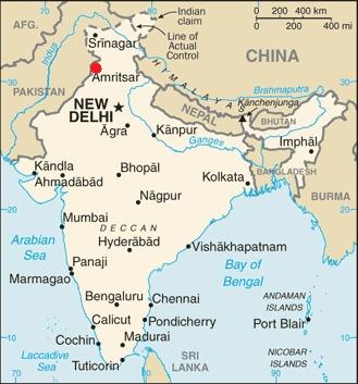 Lage von Amritsar im Bundesstaat Punjab, sehr nahe an der Grenze zum muslimischen Staat Pakistan